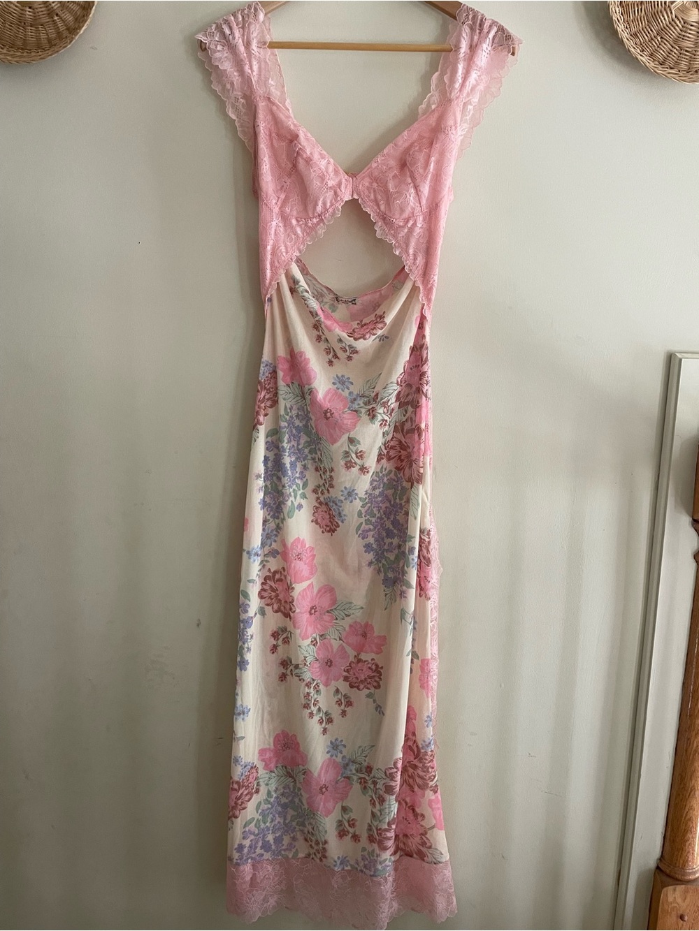 Free People Cream Slip Dress with Pink Floral Lace Accents